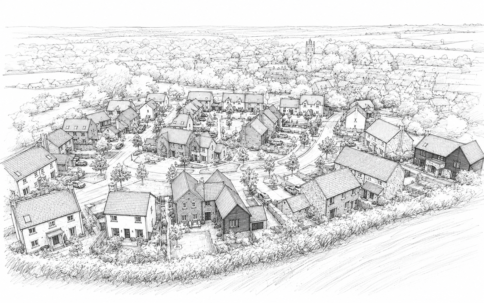Hand-drawn aerial sketch of a village-edge residential scheme